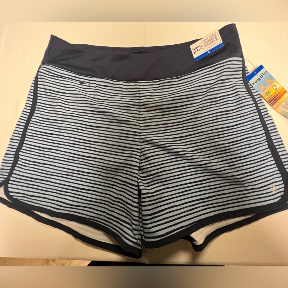 HANG TEN MENS SWIM TRUNKS. SIZE LARGE.
LIGHT AND DARK BLUE STRIPES.